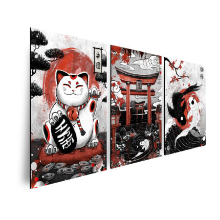 Kit 3 Quadros Decorativos Gato da Sorte, Portal Torii e Koi Yin-yang
